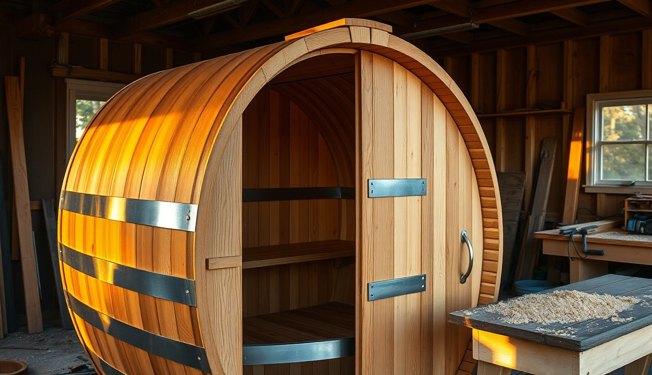 Partially assembled cedar barrel sauna staves and steel banding in a backyard workshop