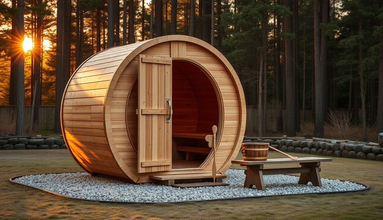 Cedar barrel sauna on gravel pad in wooded backyard with door slightly open