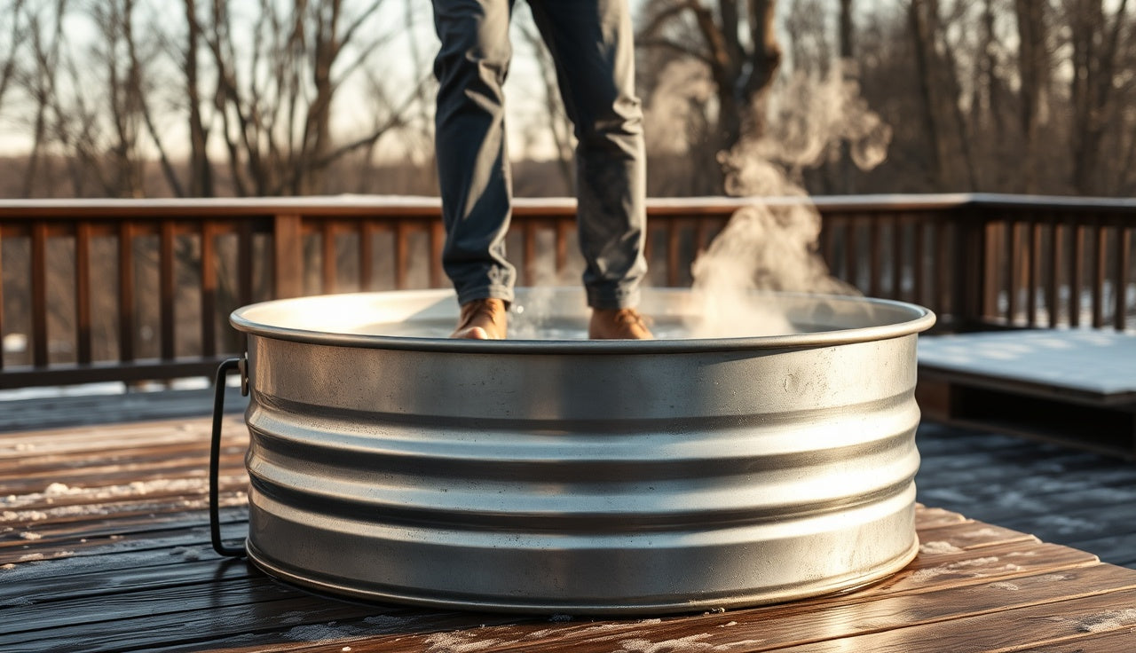 Person stepping into a cold stock tank ice bath on a wooden deck in winter
