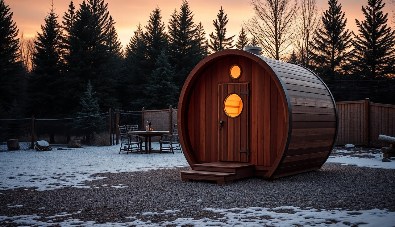 Cedar barrel sauna with glowing window on snow-dusted gravel pad at dusk