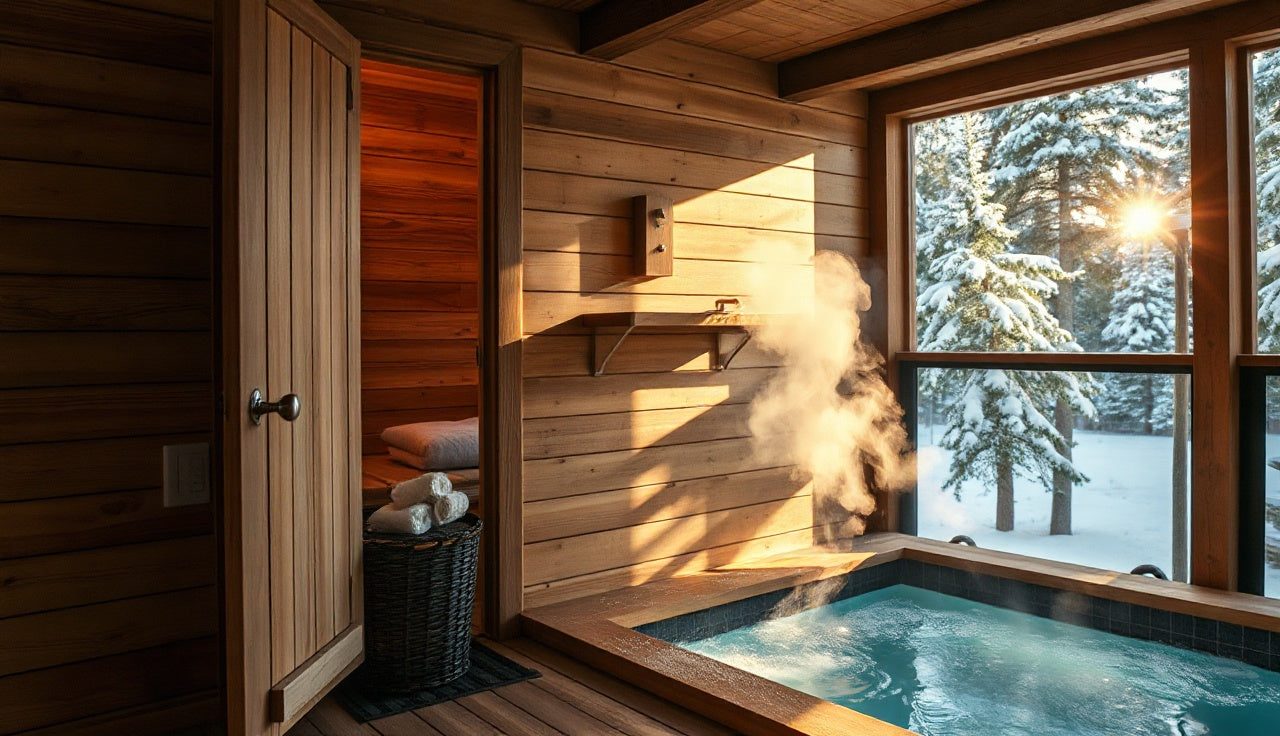 Outdoor wooden sauna with open door beside a cold plunge pool in winter