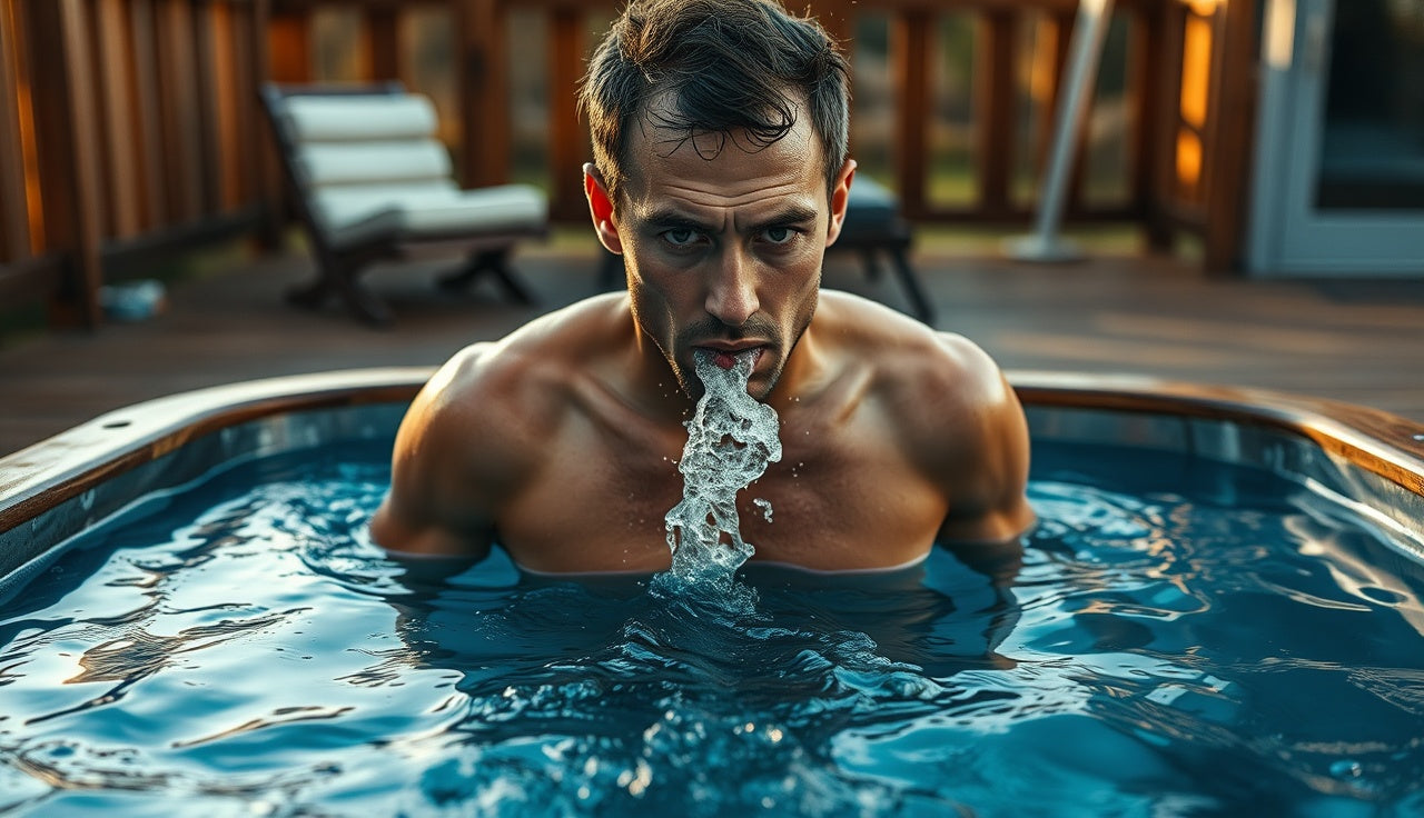 Endurance athlete sitting in cold water immersion plunge tank on timber deck at dawn