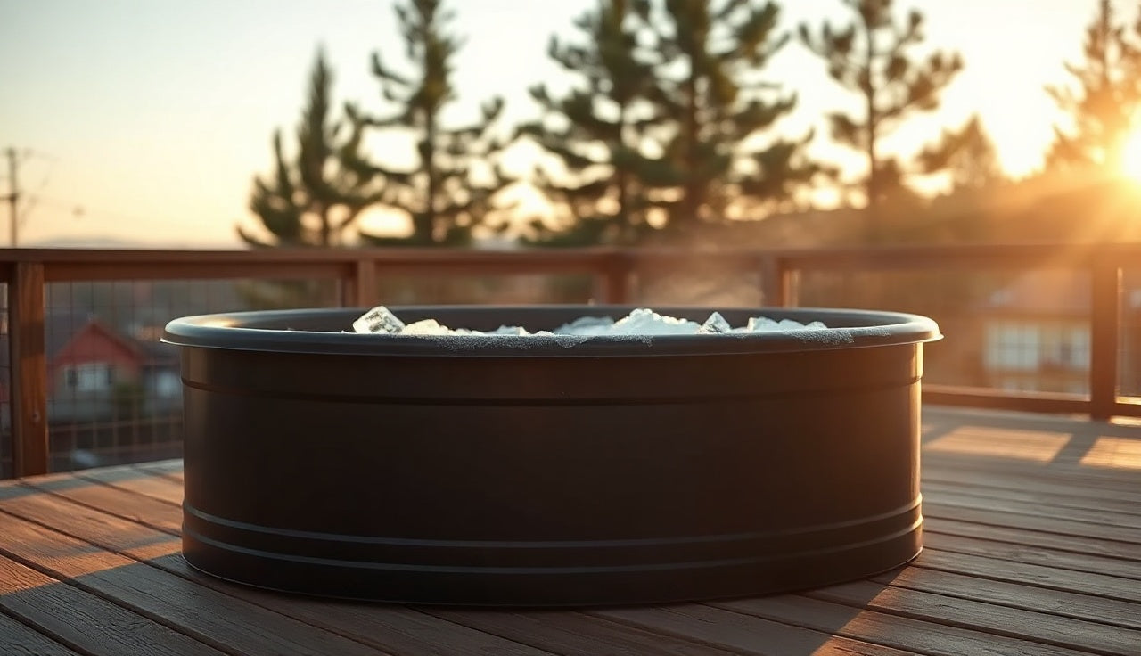 PVC barrel cold plunge tub filled with ice water on a wooden deck at dawn