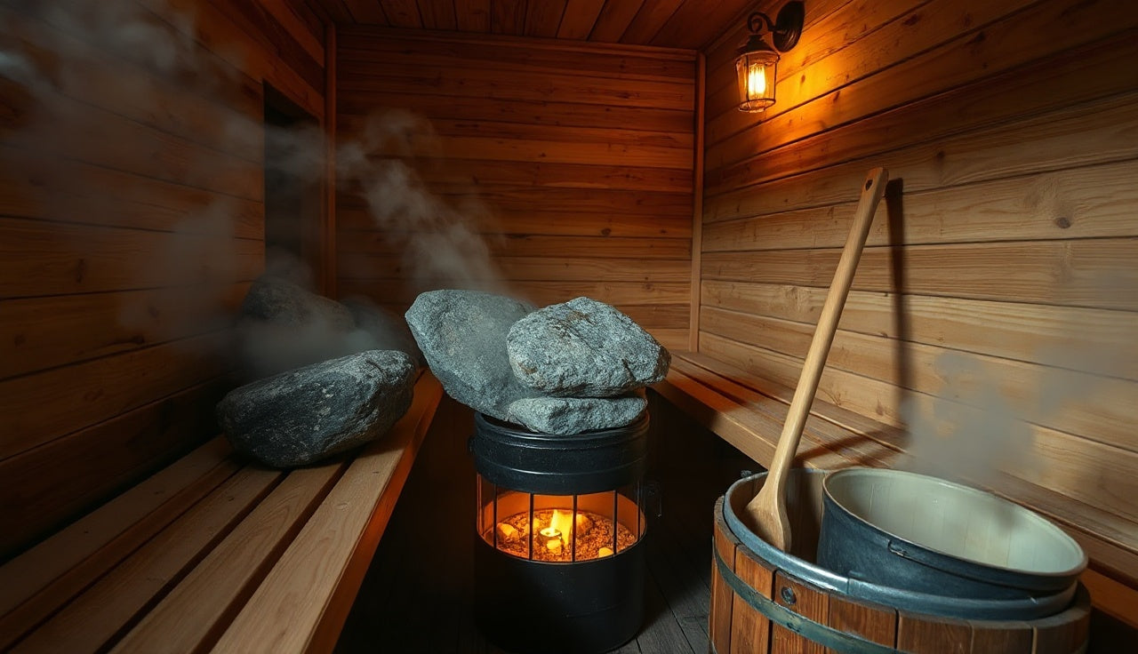 Steam rising from hot sauna stones in a traditional wet sauna interior