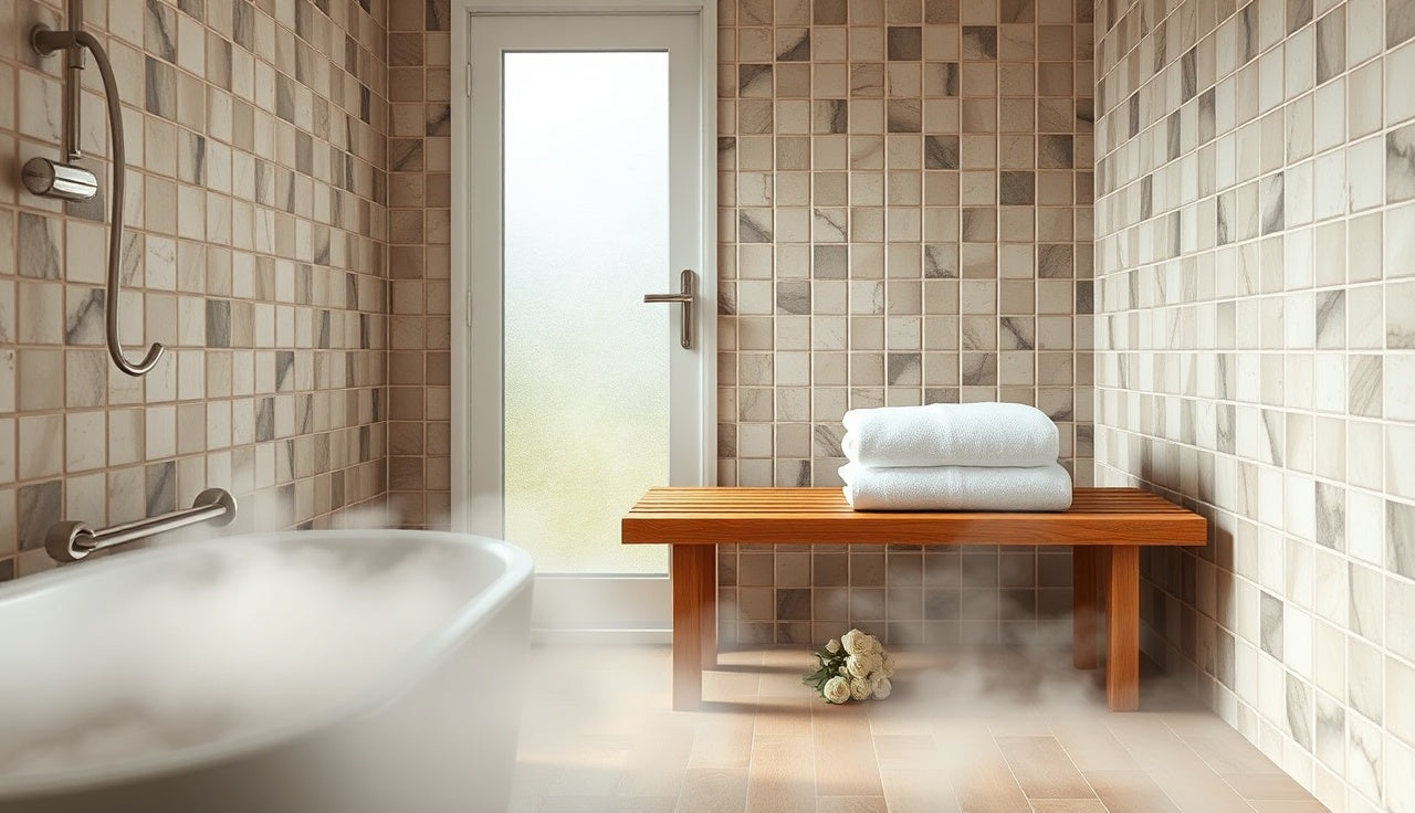 Steam rising inside a tiled home steam sauna with a wooden bench