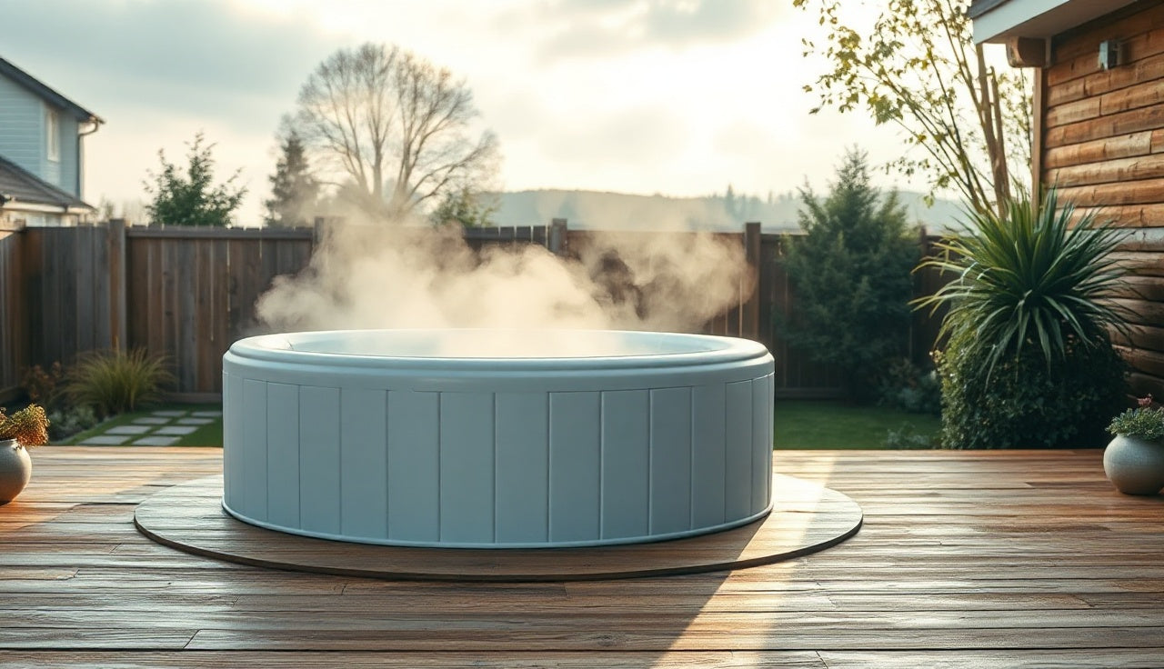 Insulated cold plunge ice bath tub on outdoor wooden garden deck in morning light