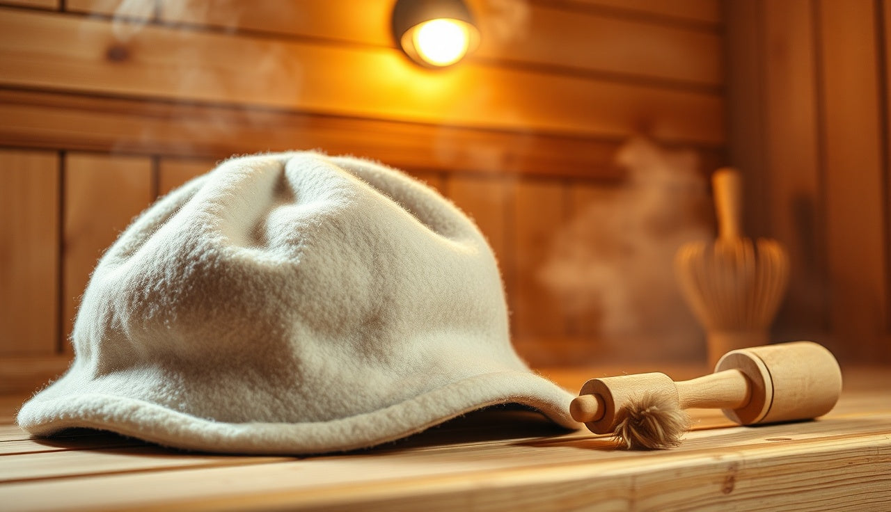 Wool sauna hat on cedar bench with birch whisk in steamy sauna