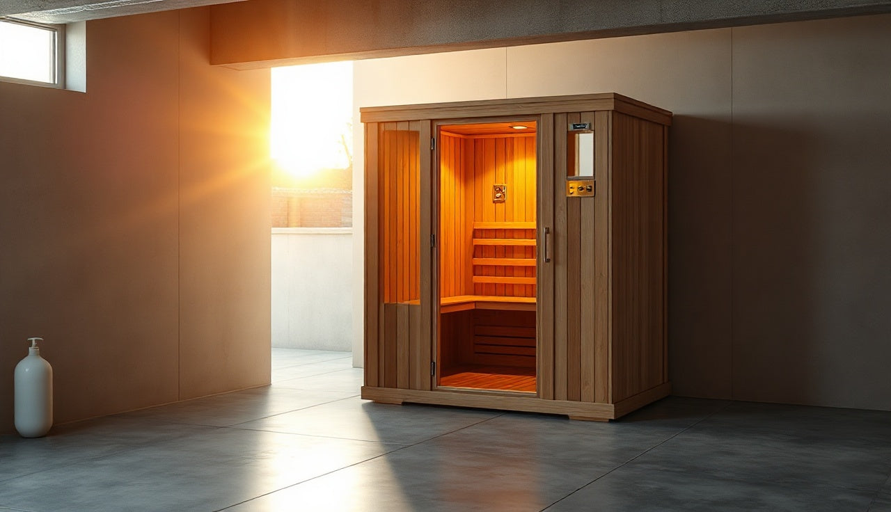 Glowing infrared sauna cabin with open glass door in a modern home basement