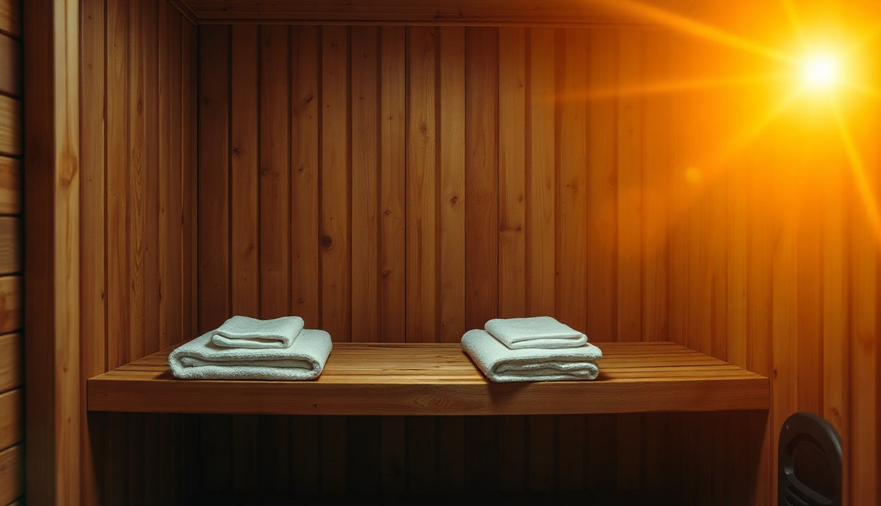 Warm interior of a three-person infrared sauna cabin with slatted hemlock benches
