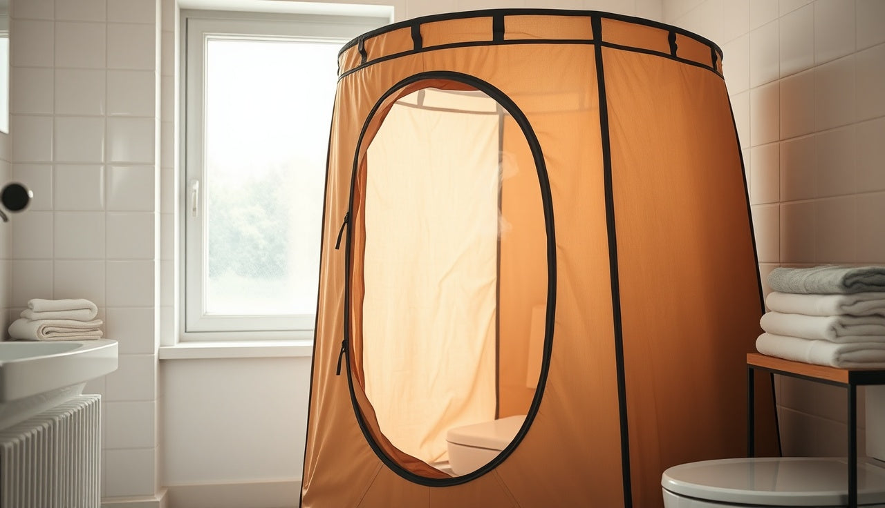 Portable sauna steam tent set up in a home bathroom with morning light