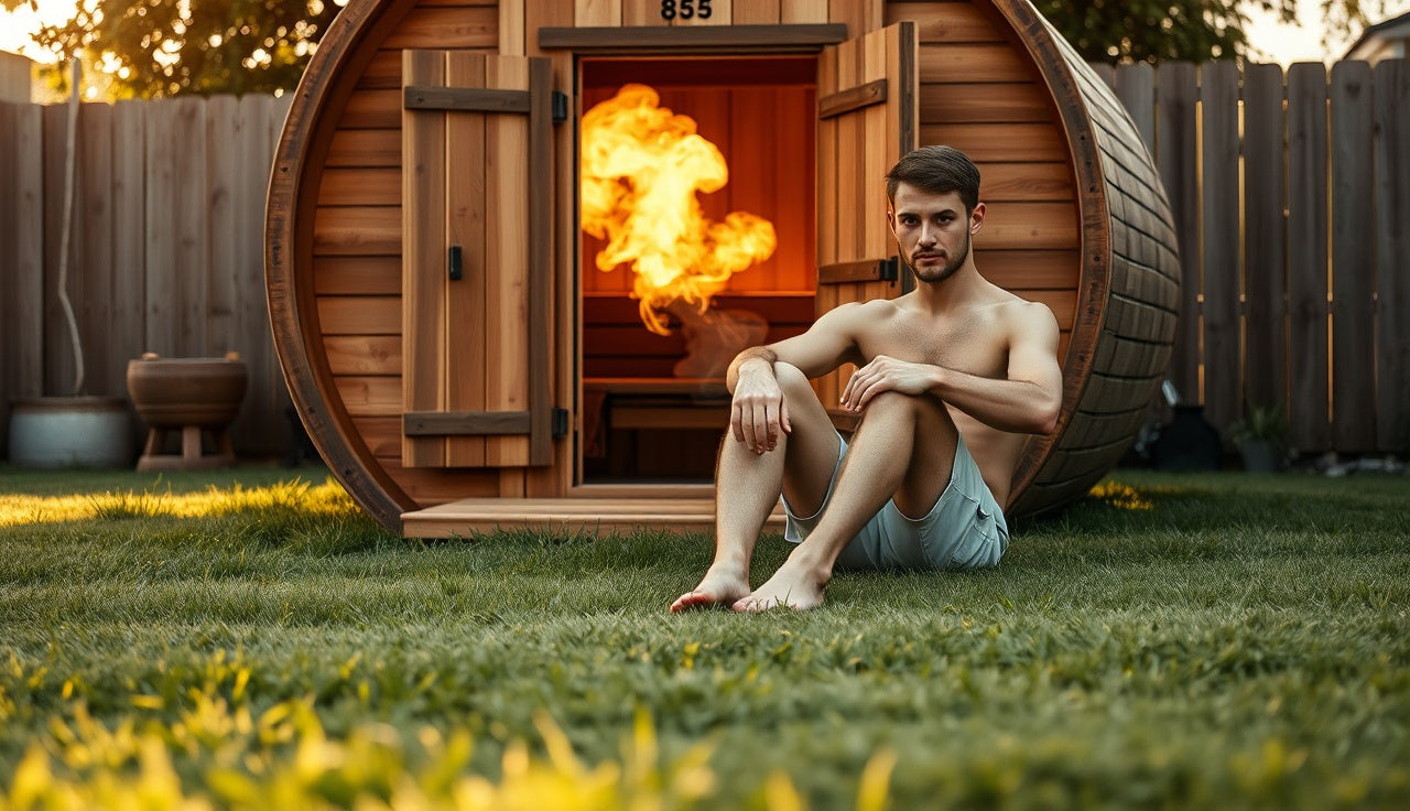 Man grounding barefoot on grass outside a cedar barrel sauna after a session