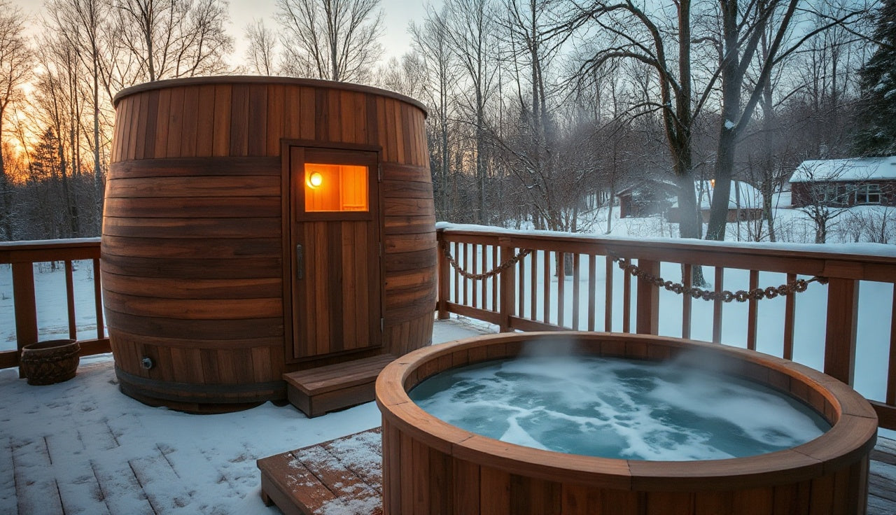 Cedar barrel sauna and cold plunge tub on a snowy backyard deck at dusk