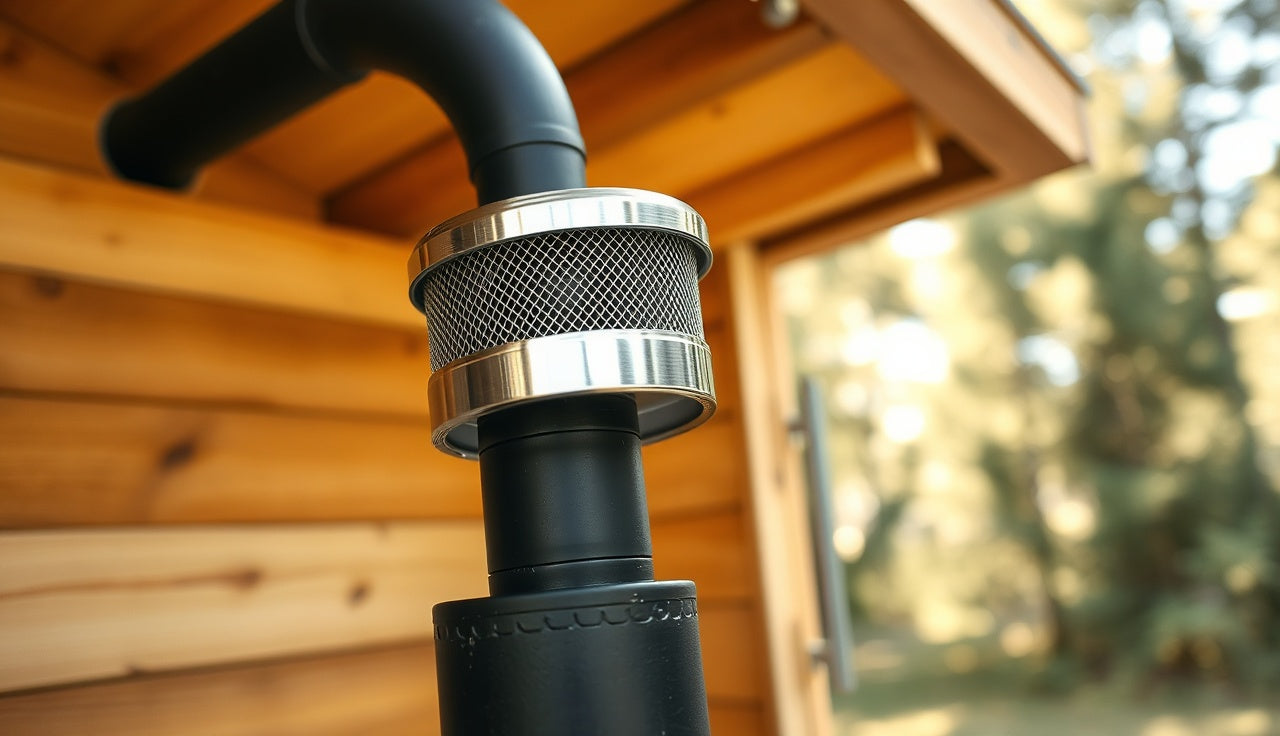 Stainless spark arrestor cap installed on wood burning sauna stove chimney pipe