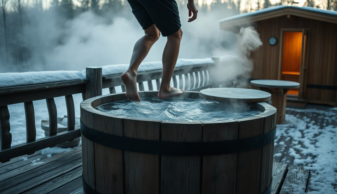 Person entering an outdoor wooden cold plunge barrel at dawn with sauna behind