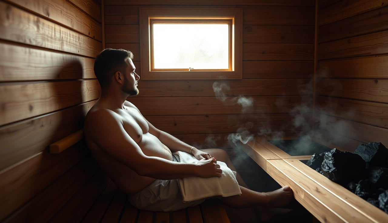Man sitting in a wooden Finnish sauna with steam rising from hot rocks