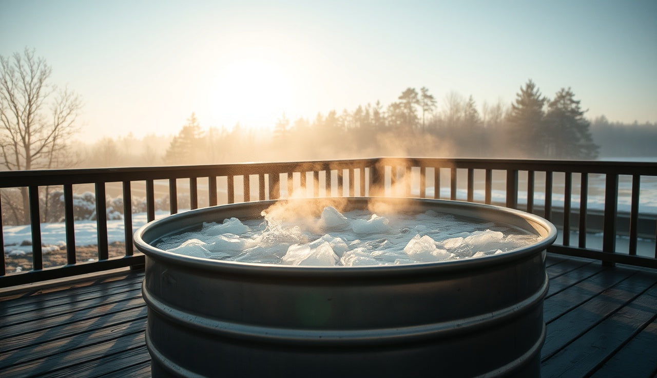 Person lowering into an ice bath tub outdoors on a wooden deck at dawn