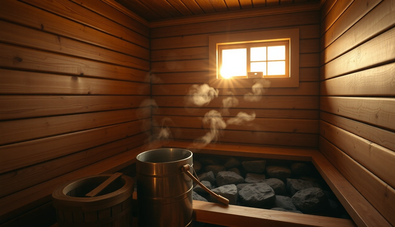 Wood-paneled Finnish sauna interior with hot stones and rising steam