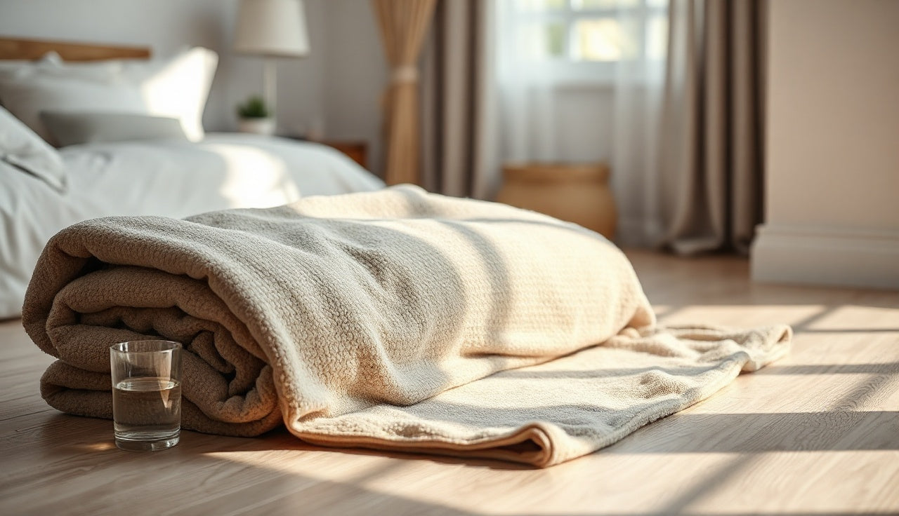 Infrared sauna blanket unrolled on a wood bedroom floor in morning light