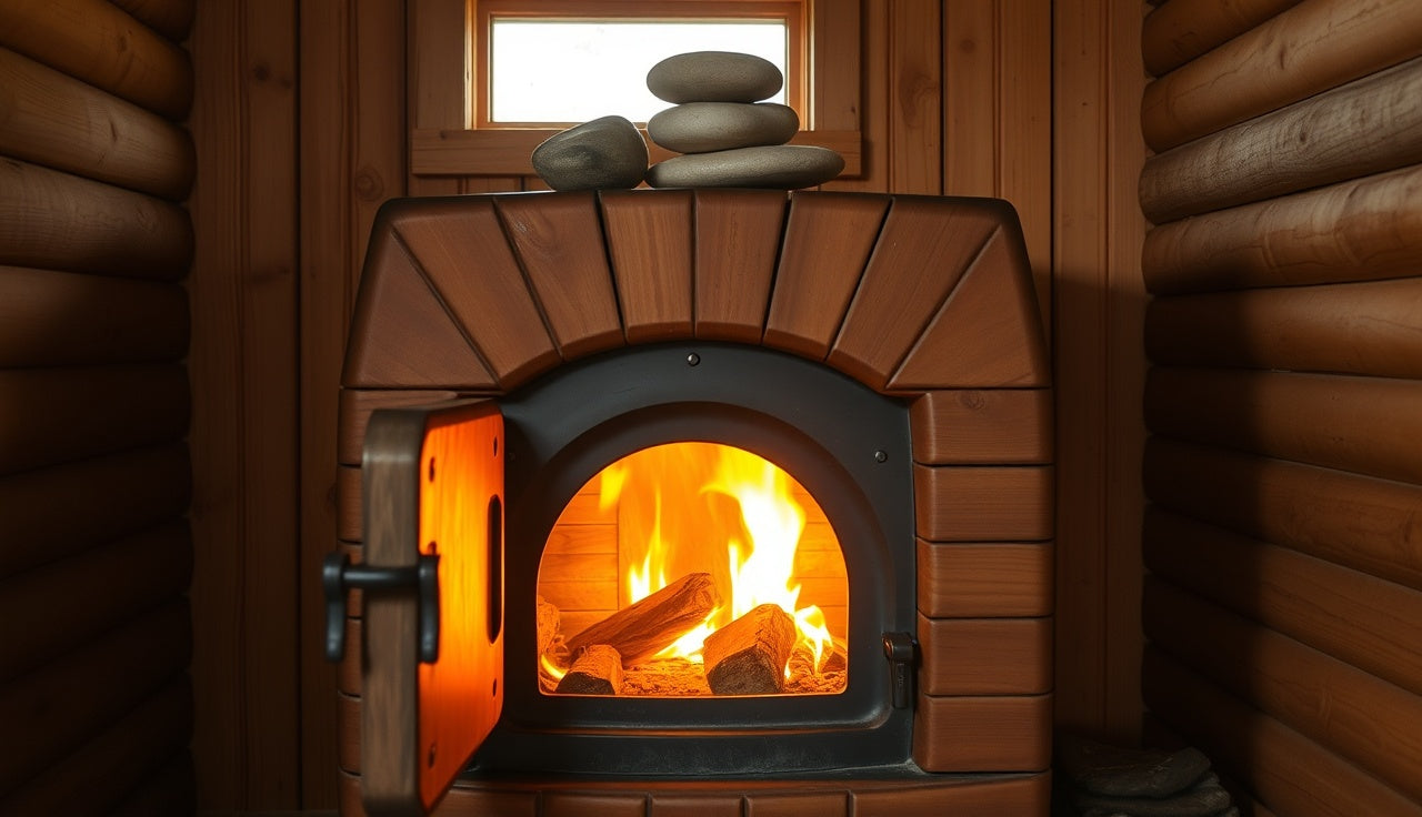 Wood burning sauna stove with fire glowing inside a cedar-paneled sauna room