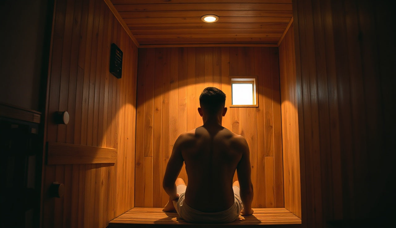 Person sitting in a wood-paneled home infrared sauna with glowing IR panels