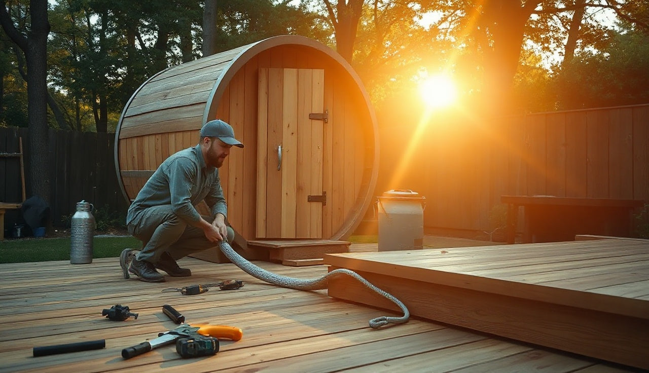 Electrician installing conduit along a cedar barrel sauna on a backyard deck