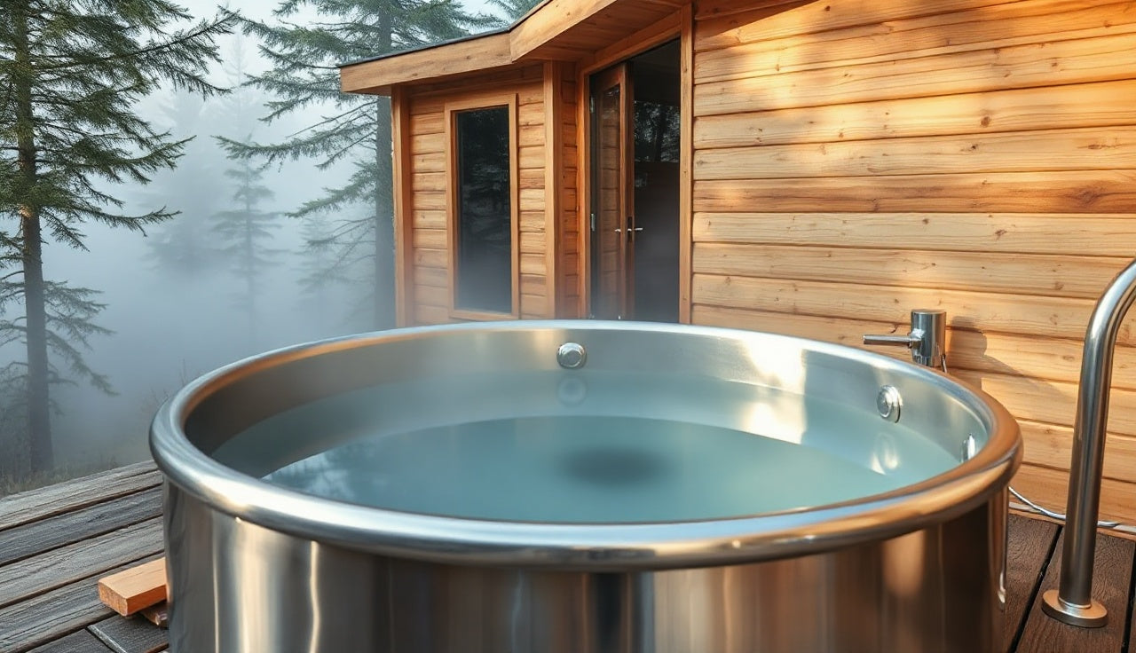 Stainless steel metal cold plunge tub on wooden deck beside a sauna cabin