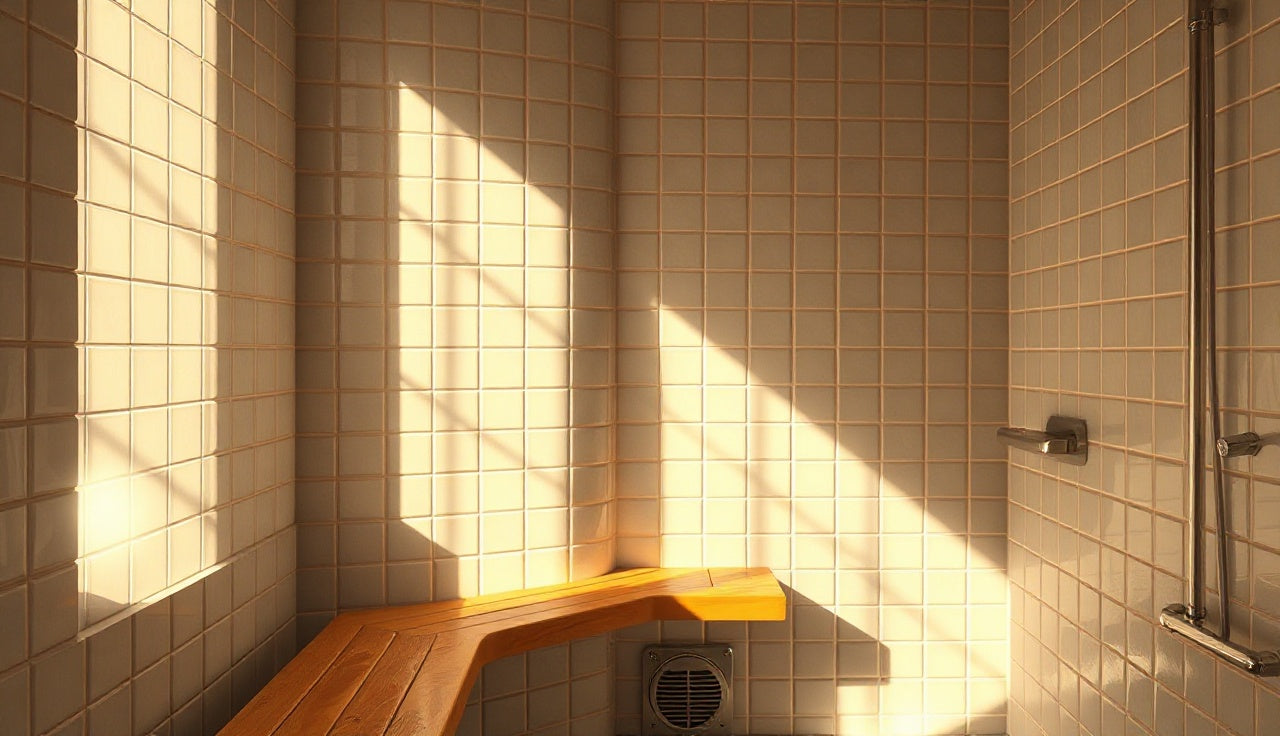 Tiled DIY steam room interior with cedar bench and rising steam