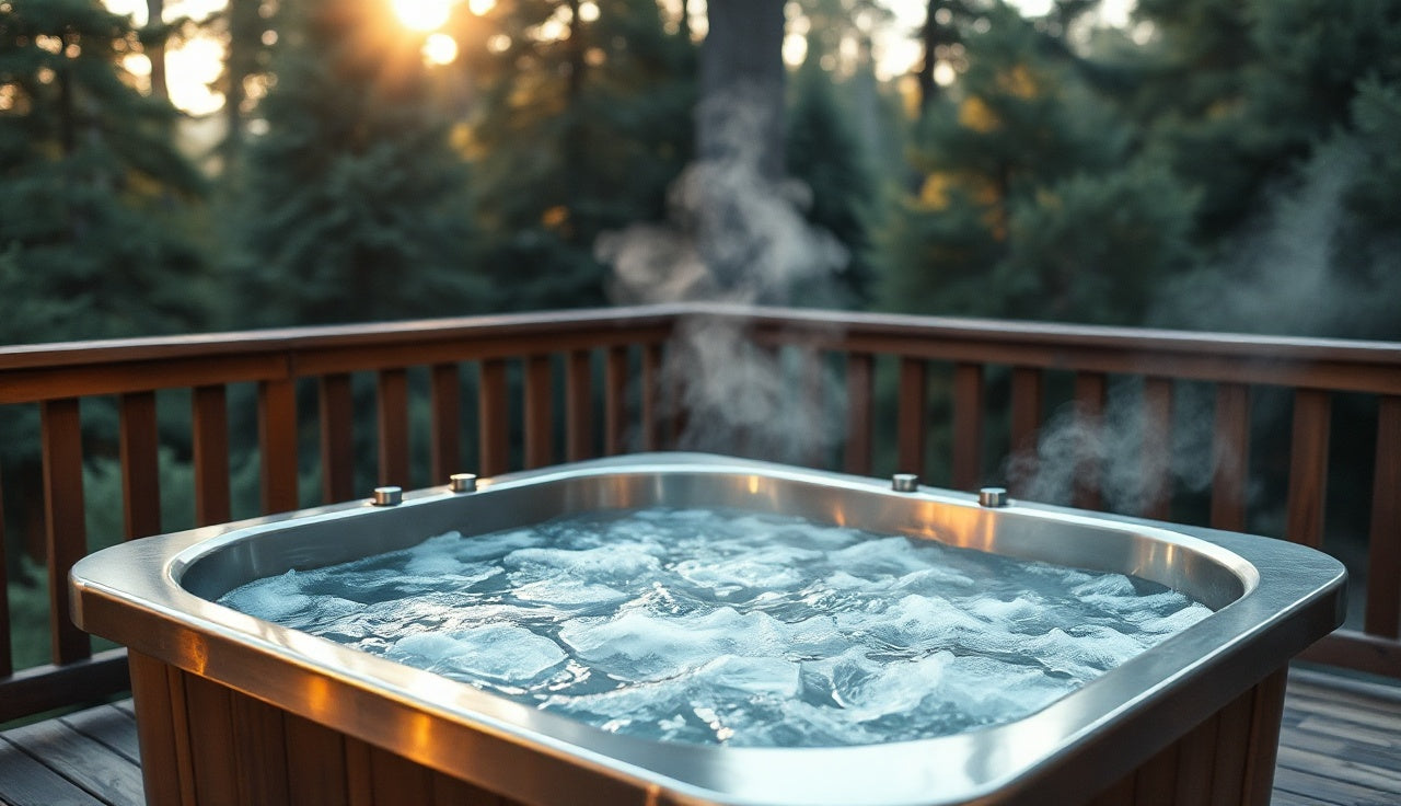 Stainless steel cold plunge tub filled with cold water on a wood deck at dawn