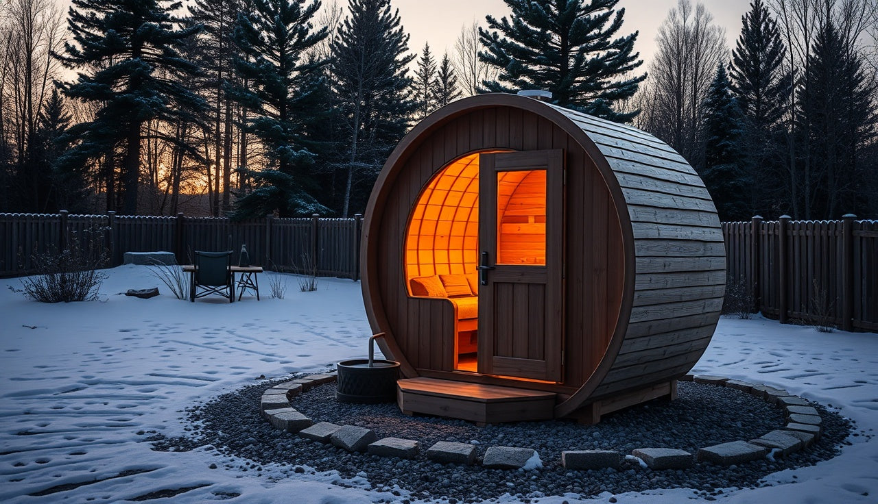 Cedar barrel sauna glowing with warm light on a snowy backyard gravel pad