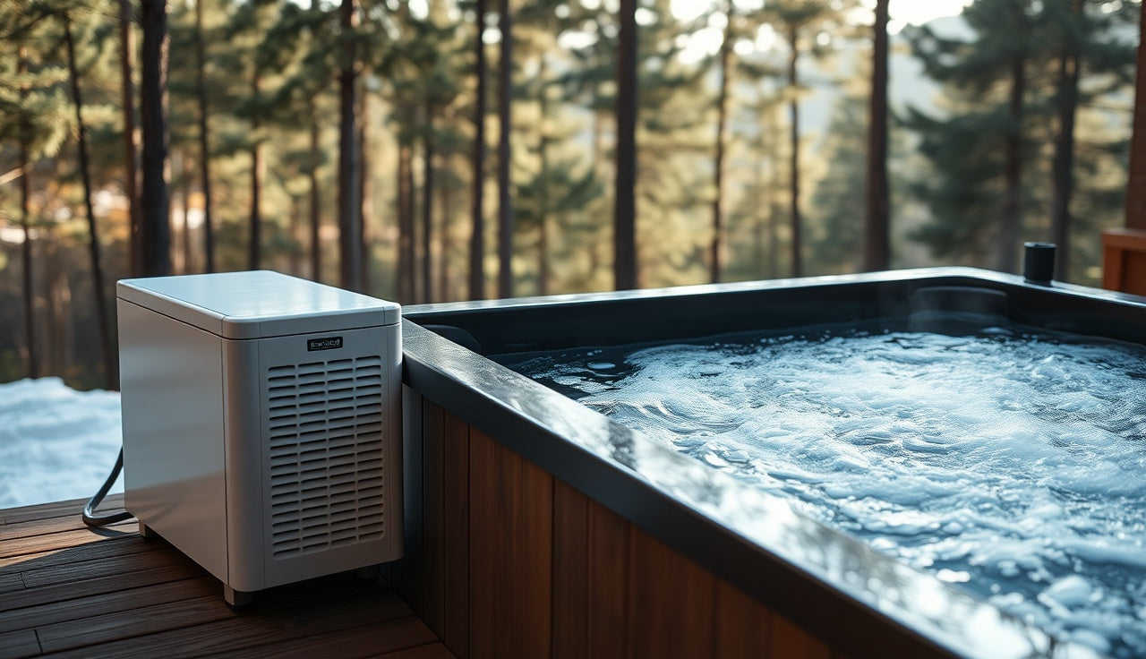Cold plunge chiller unit connected to a dark insulated tub on a wooden deck outdoors
