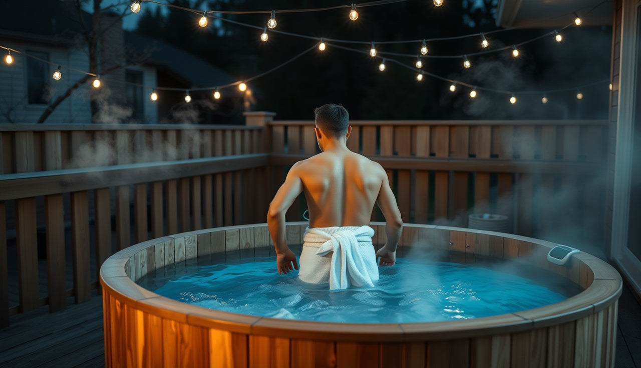 Person exiting a cold plunge tub on a backyard deck at dusk before bedtime