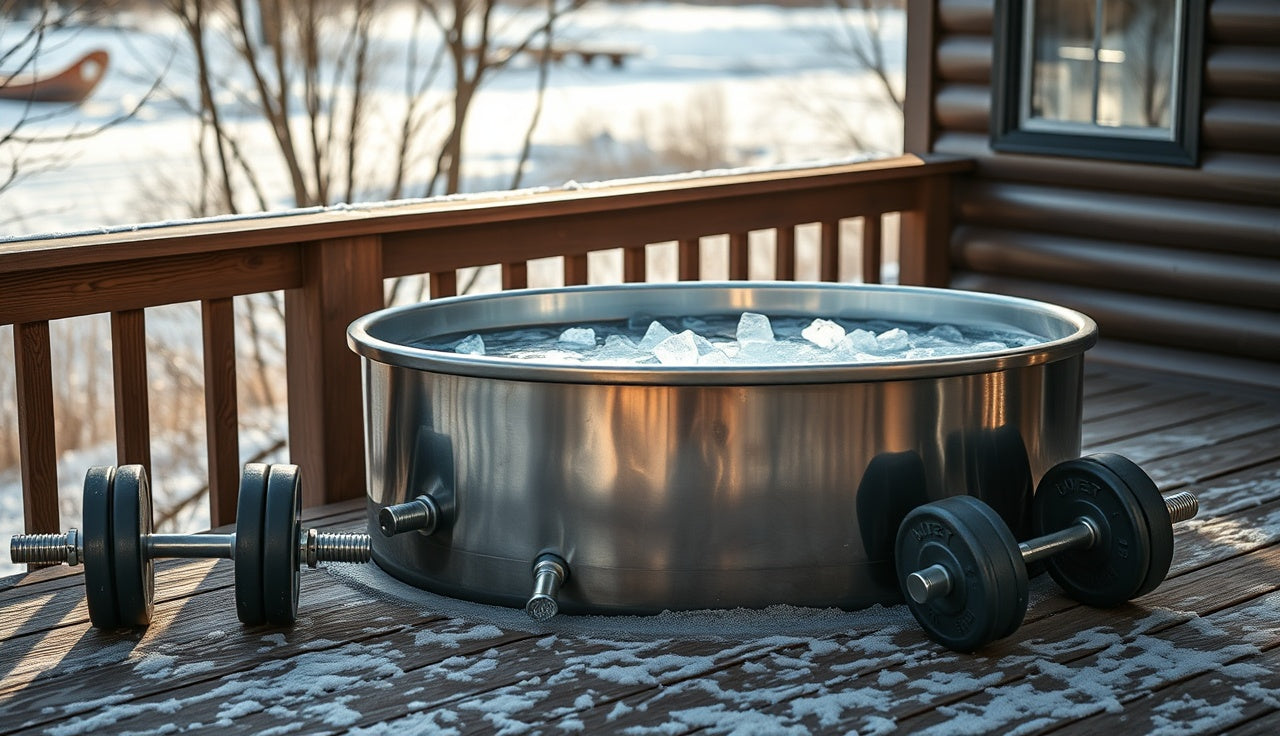 Cold plunge tub with ice water next to barbell weights on a wooden deck
