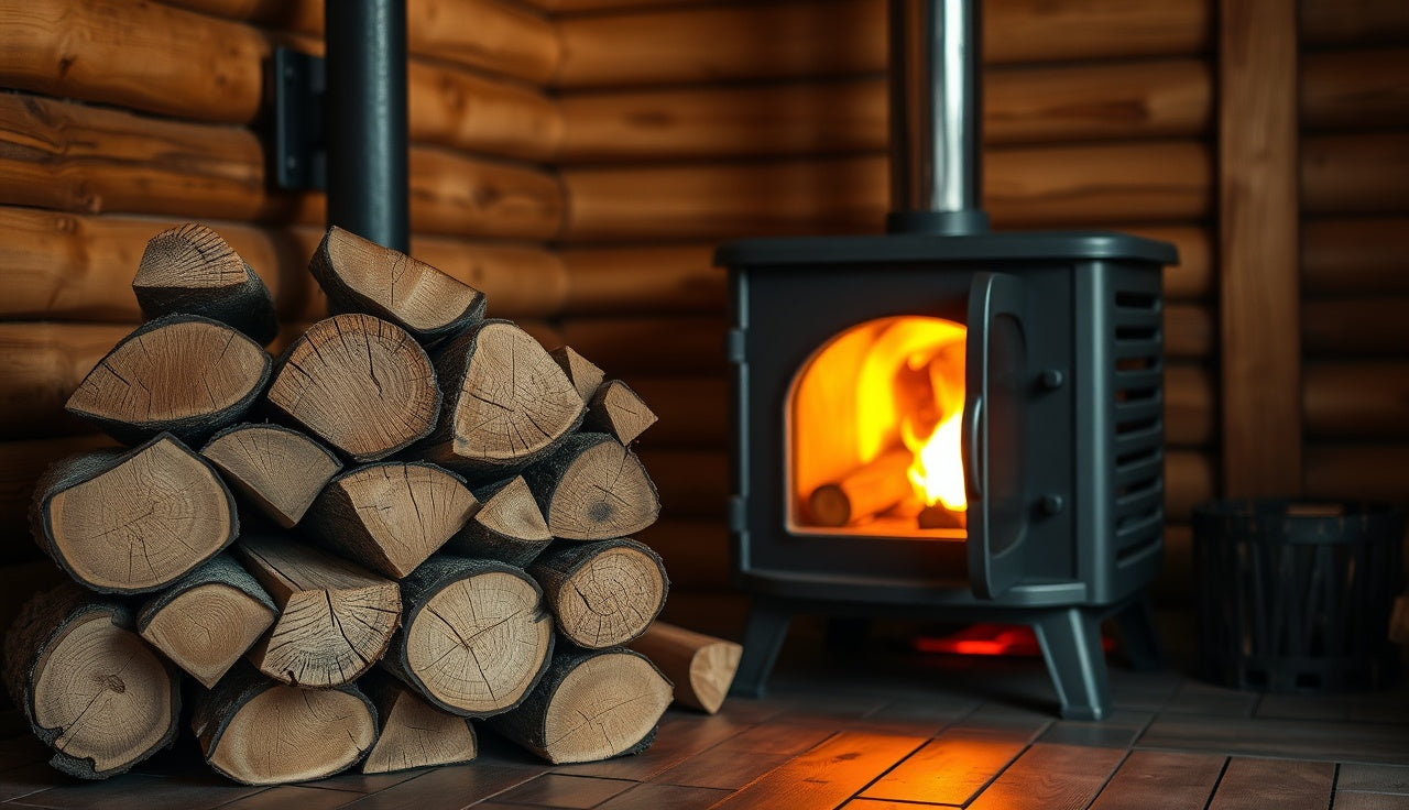 Split hardwood logs stacked beside a wood-burning sauna stove with glowing fire