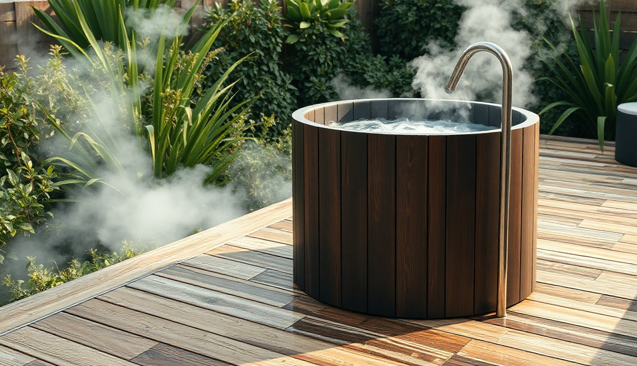 Vertical cold plunge tub on a wood deck in early morning light