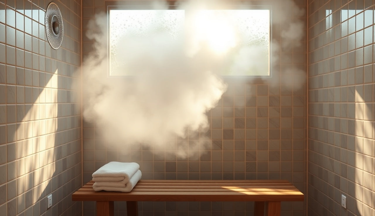 Dense steam filling a tiled steam room with a wooden bench and white towel