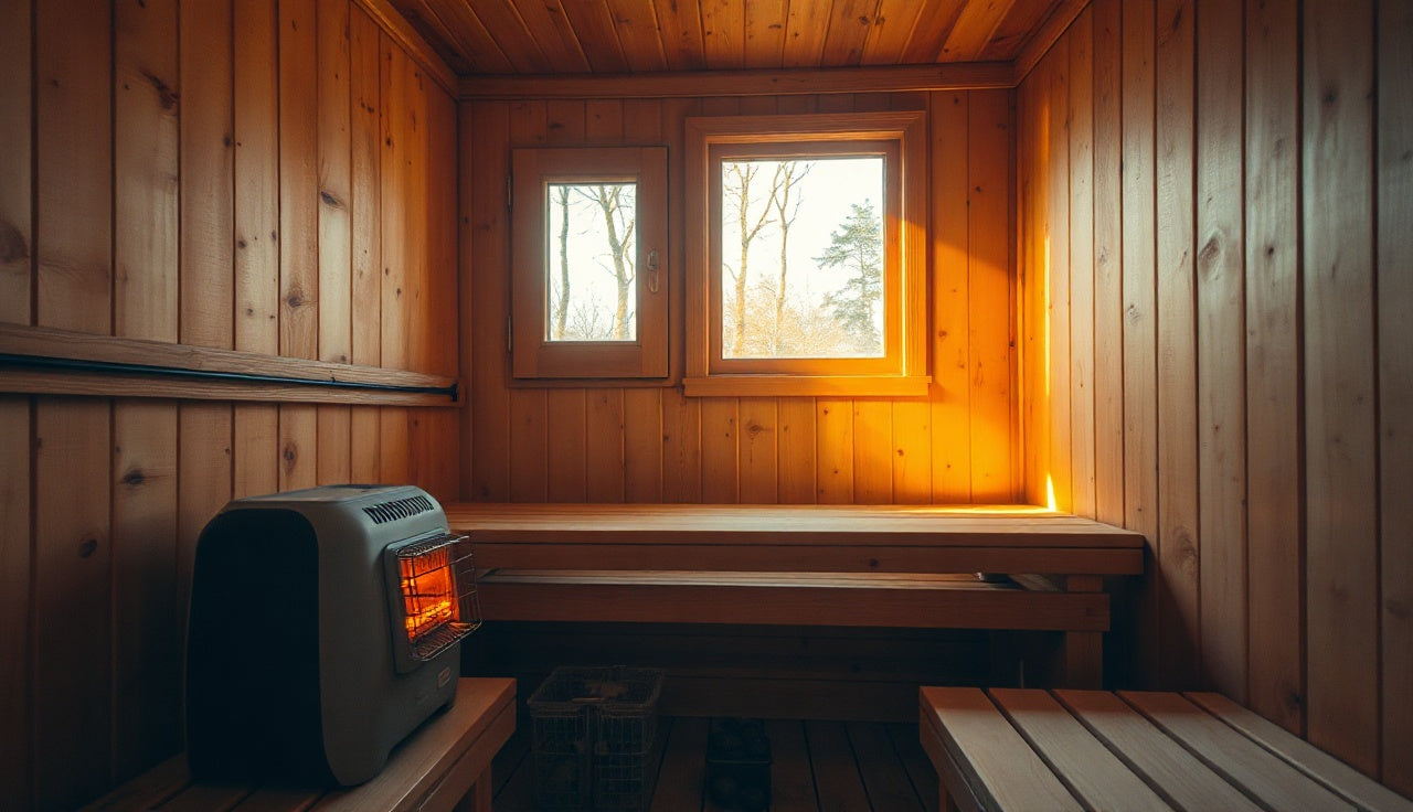 Cedar home sauna interior with electric heater and glowing stones at bench level