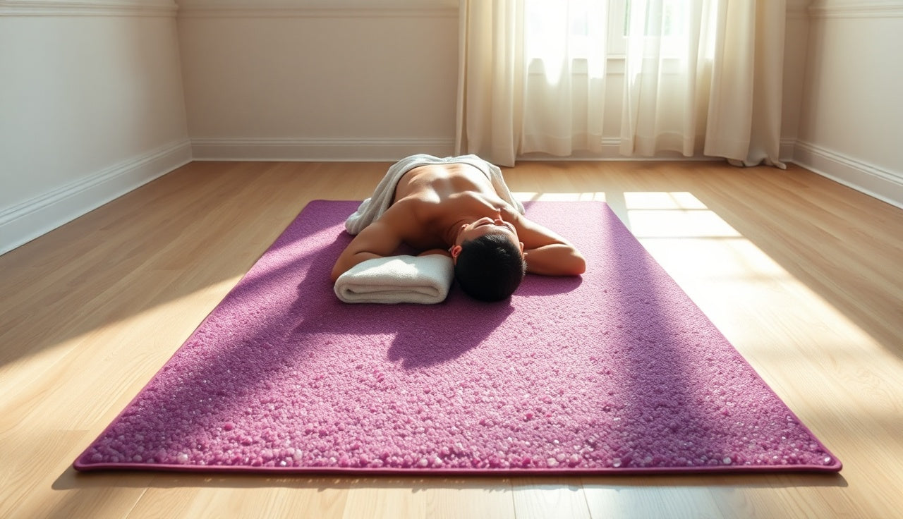 Person lying on an infrared sauna mat on a wood floor in natural morning light