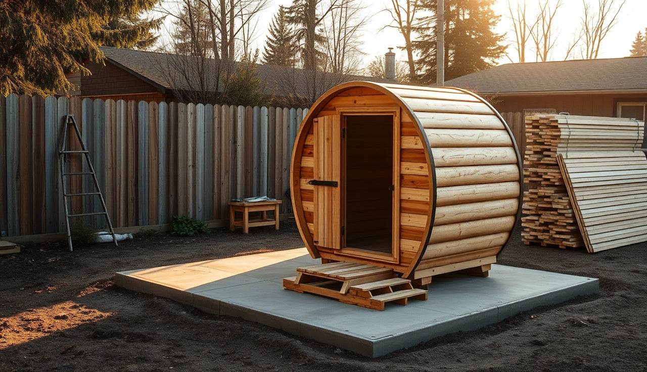 Outdoor barrel sauna being assembled on concrete pad in a backyard
