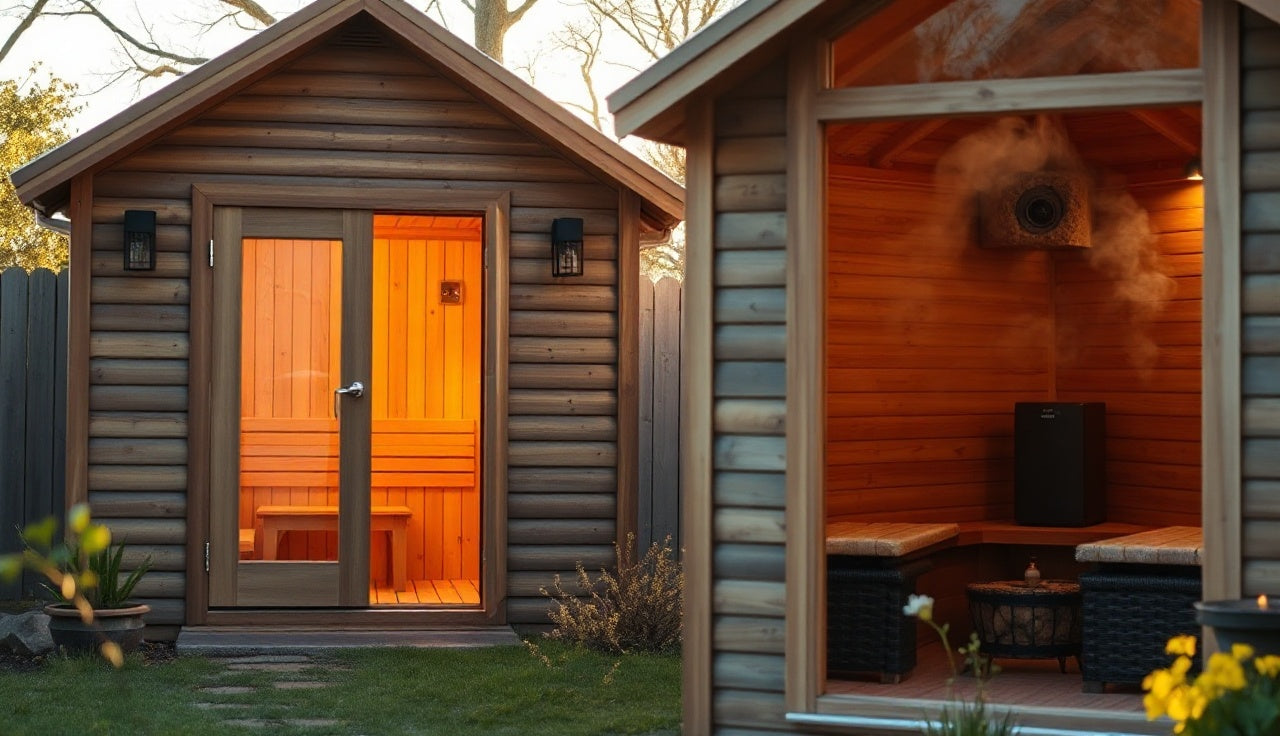 Two home sauna cabins side by side showing infrared panels and traditional rock heater