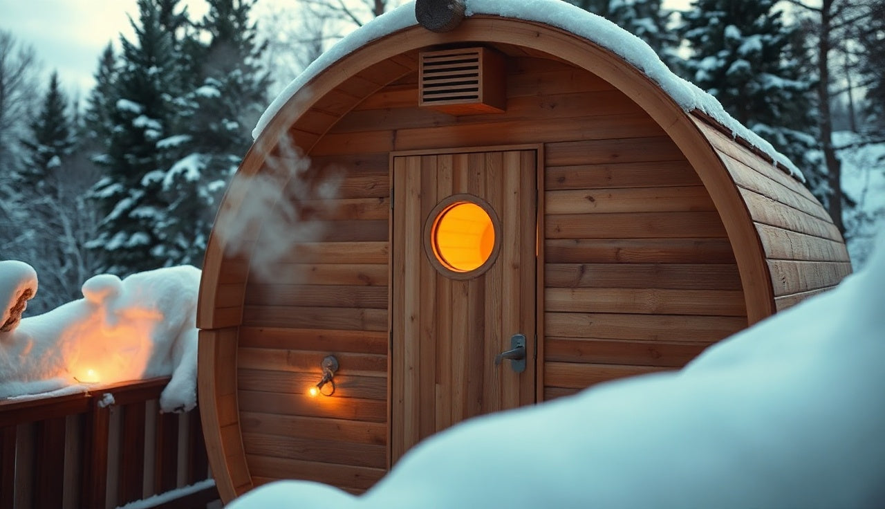 Cedar barrel sauna outdoors in snow with warm light inside and steam rising