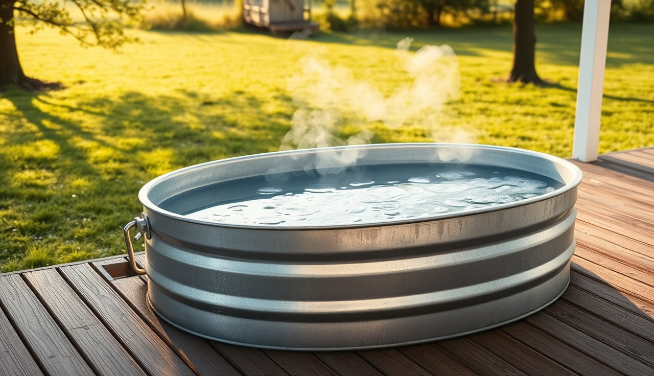Galvanized oval stock tank used as a cold plunge on a backyard wooden deck at dawn