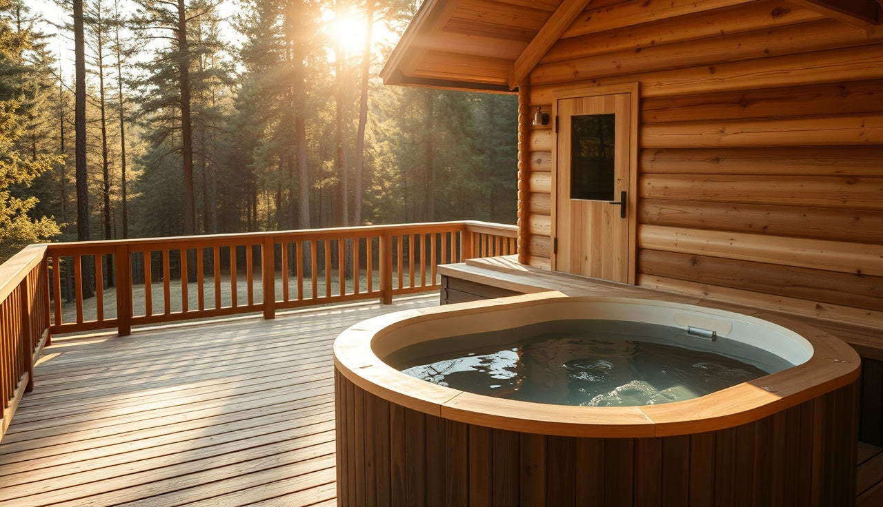 Outdoor cedar sauna cabin and cold plunge tub on a wooden deck in afternoon light