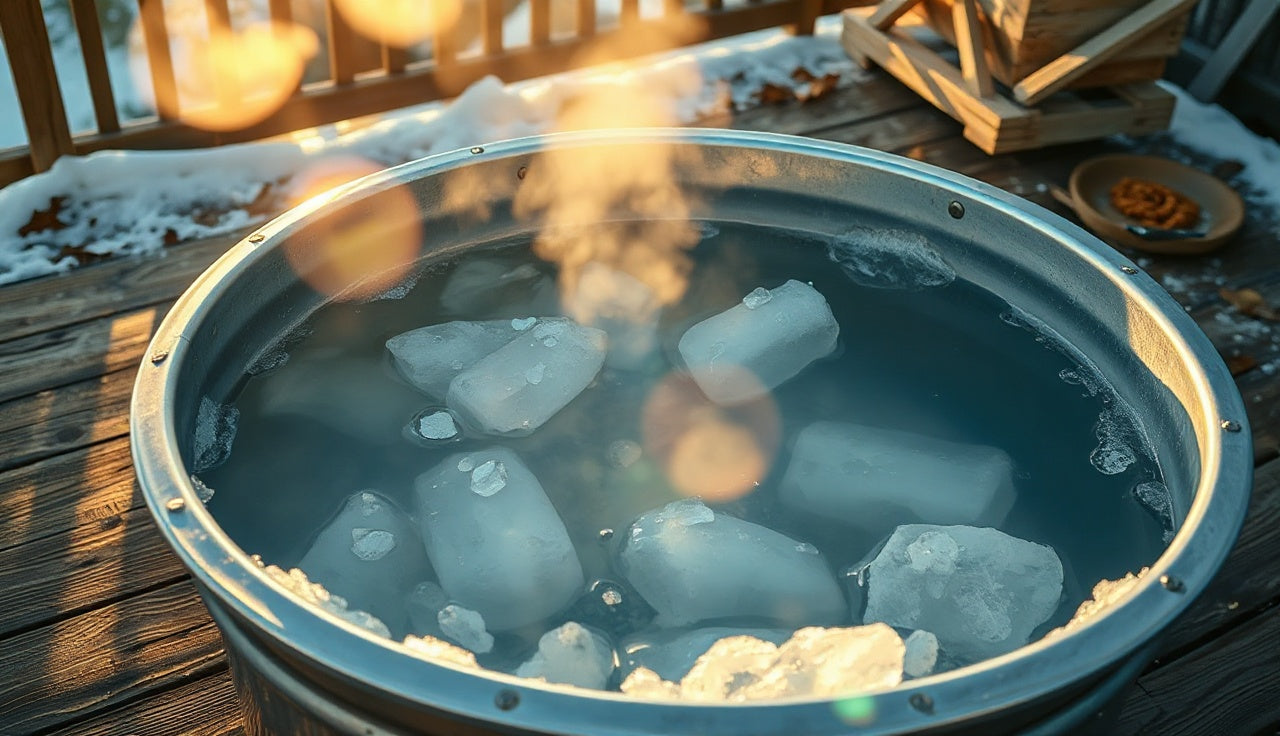 Galvanized stock tank cold plunge tub filled with ice water on a wooden backyard deck
