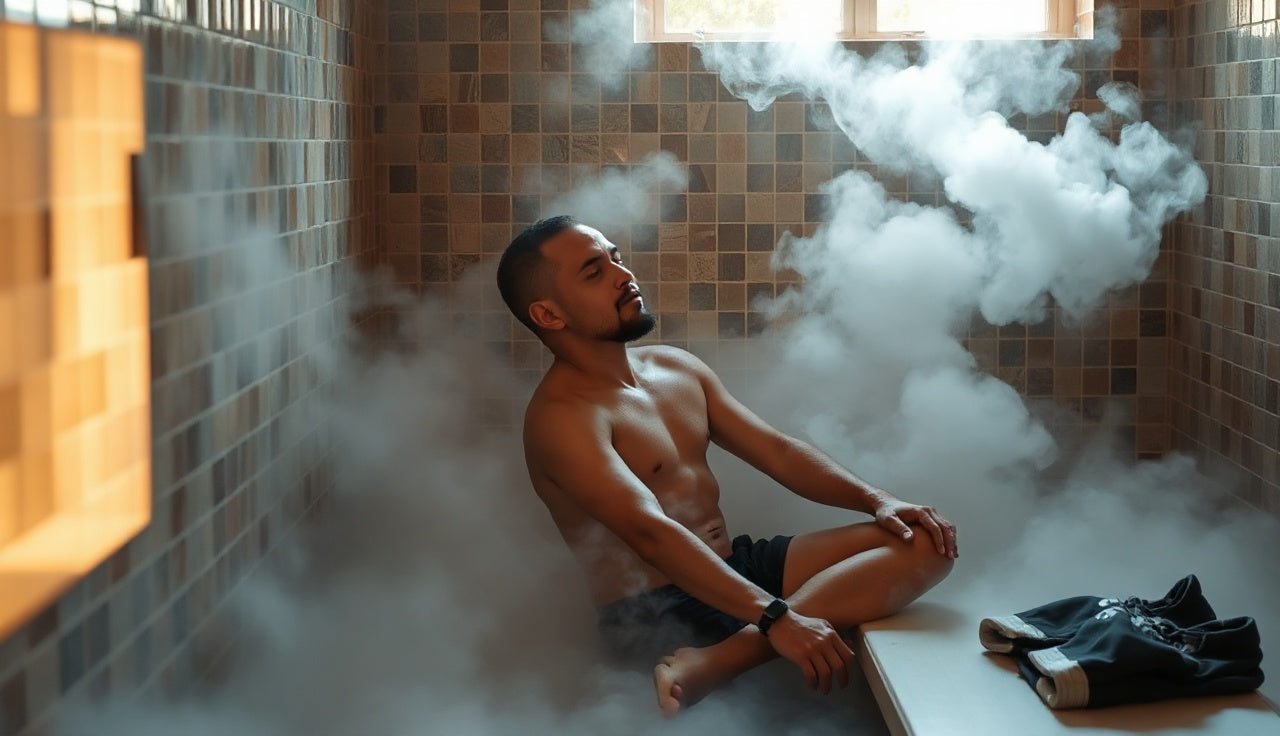 Person relaxing in a misty steam room after a workout session