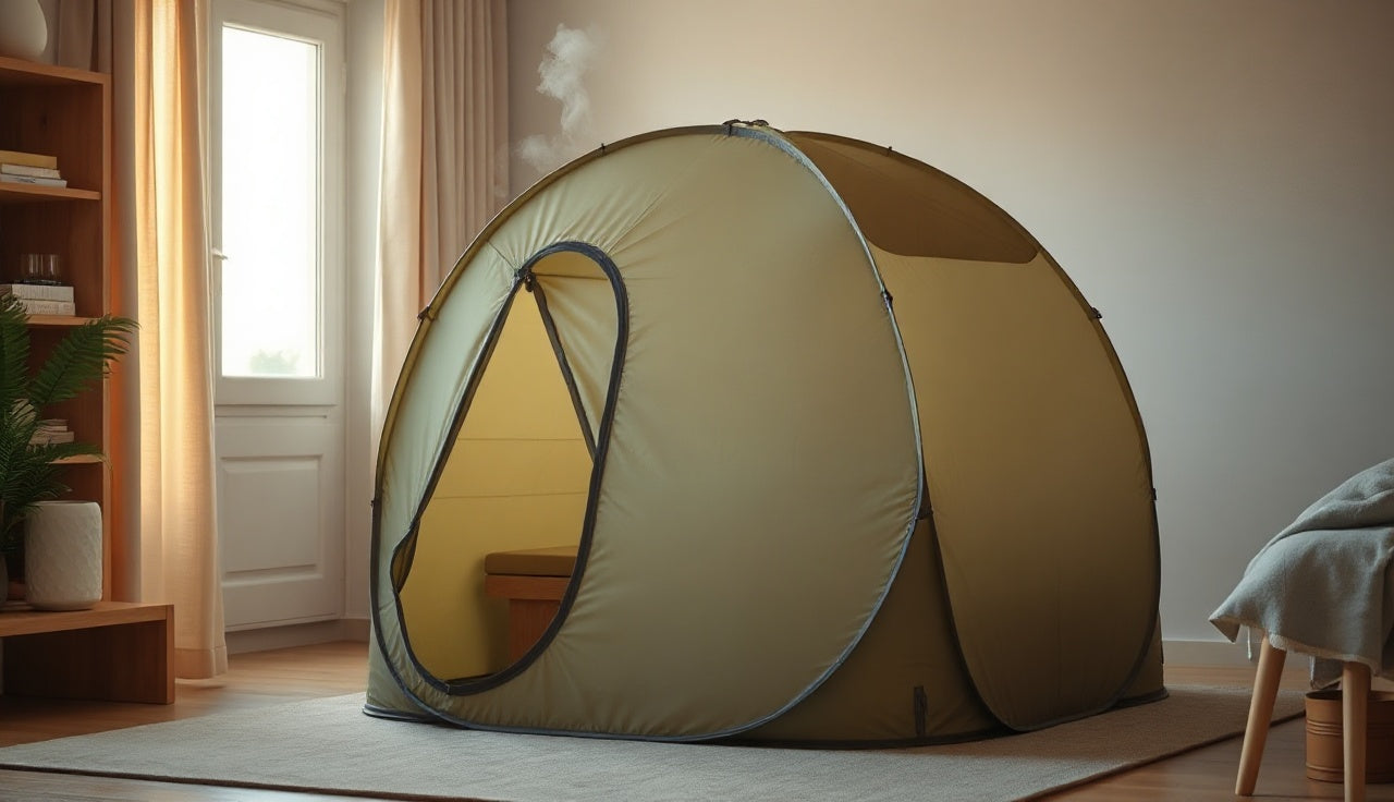 Portable hot air sauna tent set up in a sunlit apartment living room