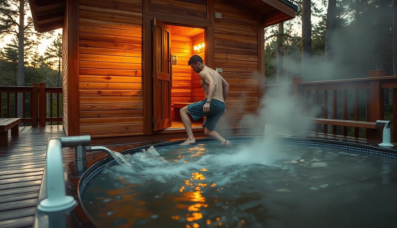 Athlete transitioning from sauna to cold plunge during contrast therapy after workout