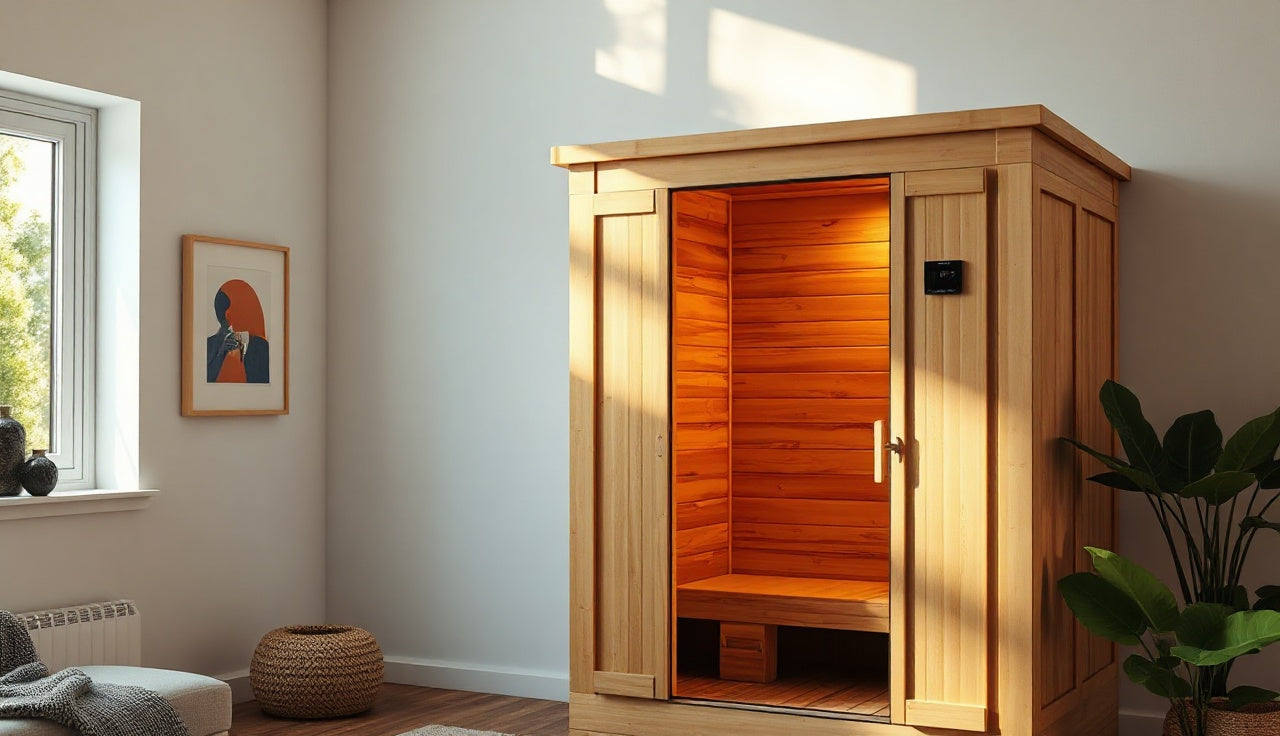 Glowing cedar infrared sauna cabin inside a modern home with warm afternoon light