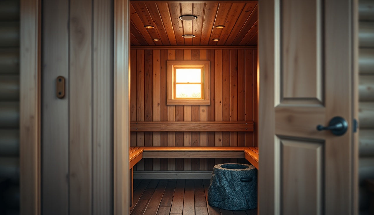 Cedar sauna room interior with warm light and a stone heater
