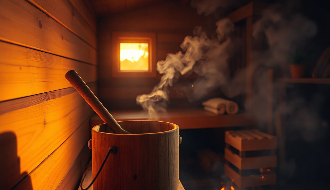 Cedar Finnish sauna interior with hot rocks, wooden ladle, and steam rising