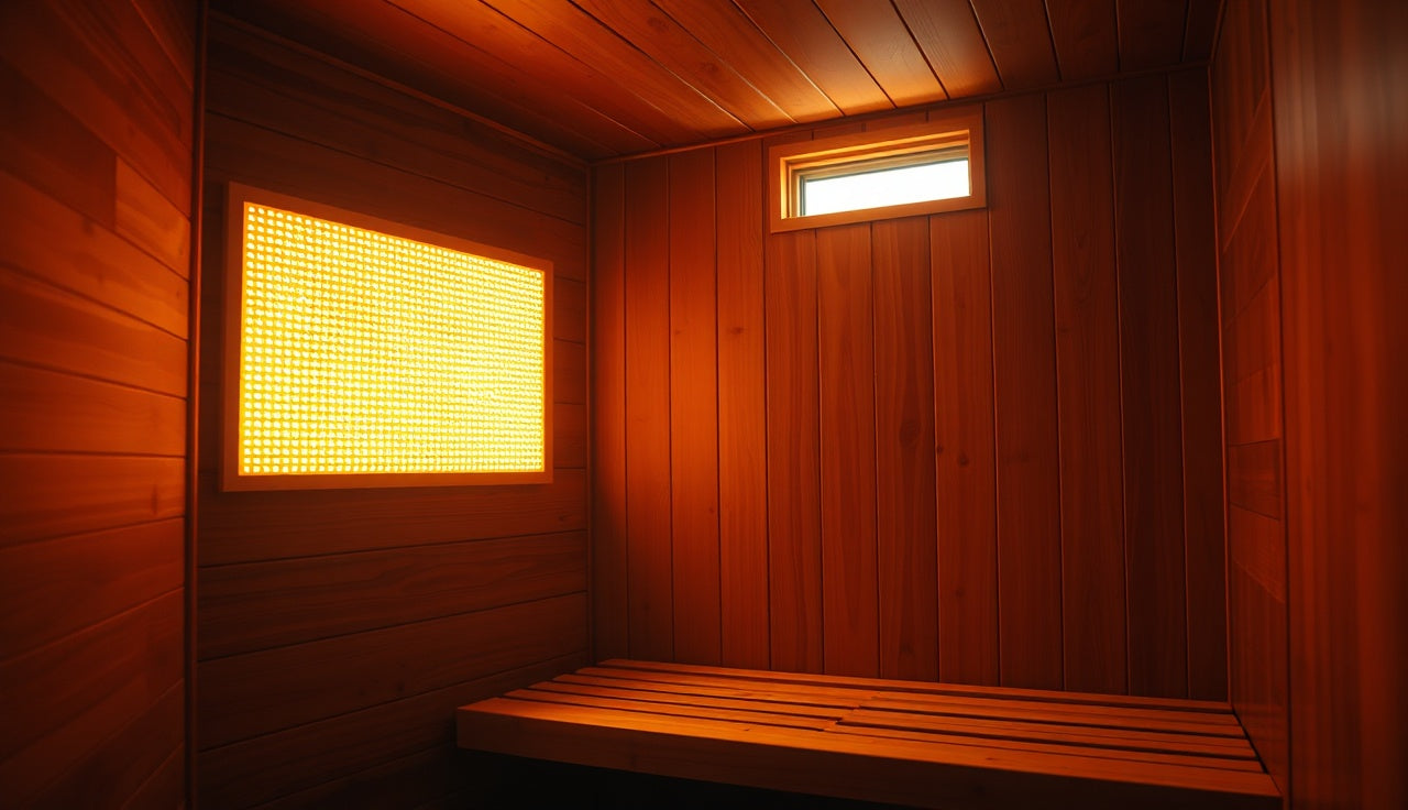 Red light therapy panel mounted inside a cedar infrared sauna cabin at bench height